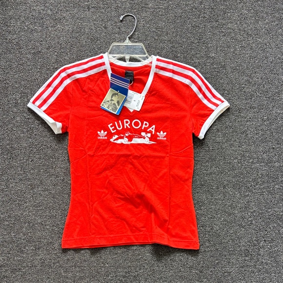 adidas Tops - Adidas Red Europa Three-Stripe RingerTee              1989 OG Dead Stock